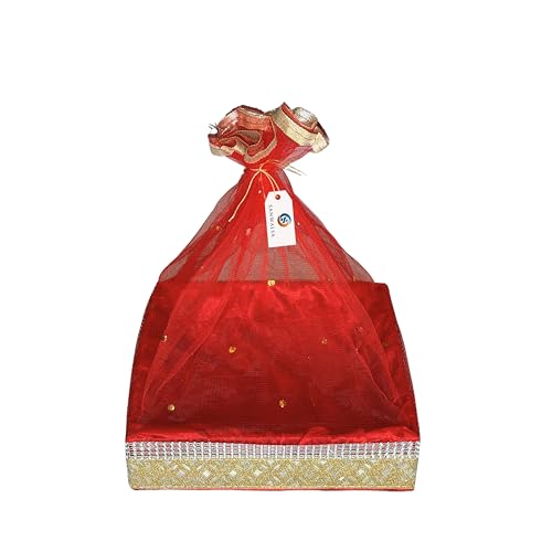 Image of (Medium, 10x10x2 inch, Square, Red-Stone Lace) MDF Base Designer Gift Hamper Packaging Baskets with Net Cover, Gift Hamper Organiser Perfect for Any Occasion