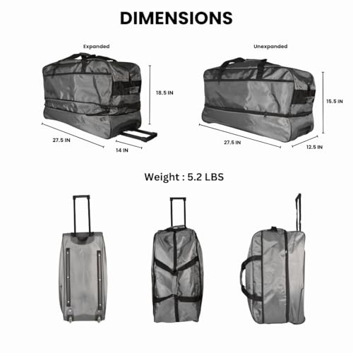 Foldable Duffle Bag with Wheels, Expandable Large Capacity, Overnighter Weekender Travel Suitcase Luggage Men Women Unisex (Gray)3