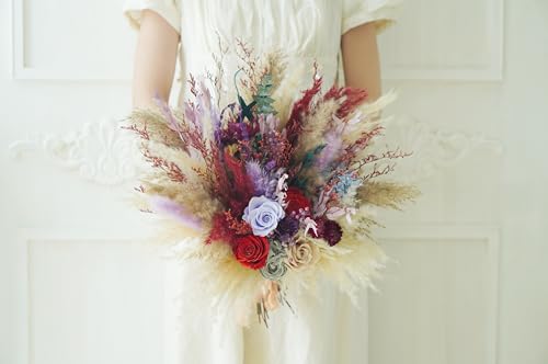 Ramo de flores secas beige y rojo estilo boho rústico miniatura 1
