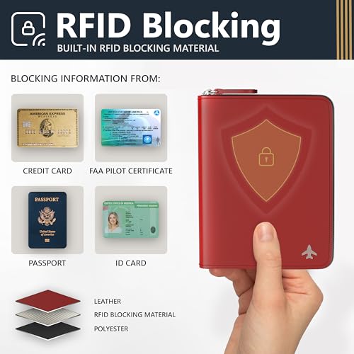 Pilot document holder, Pilot wallet, RFID-Blocking, Travel Wallet, Stylish Travel Companion for Aviation Professionals (Real Leather_V2, Red, Classic)4