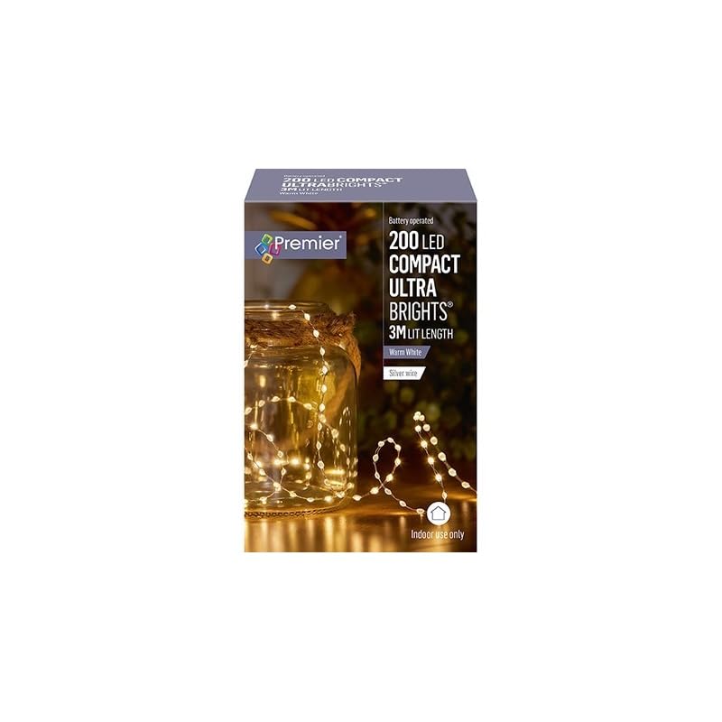Premier Decorations 200 Warm White LED Compact Ultrabright Silver Wire Battery Operated Lights 3m