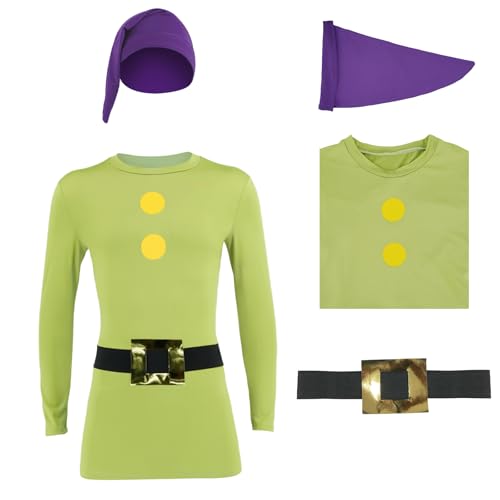 PAINEOMN The Seven Dwarfs Shirt Costume Sneezy Doc Bashful Grumpy Happy Dopey Sleepy T-shirt with Hat Belt Halloween Cosplay M