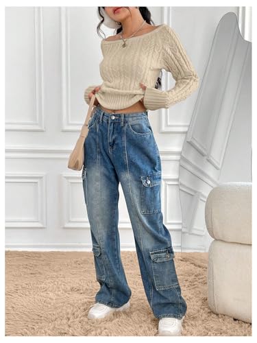 Image of MakeMeChic Women's Off The Shoulder Sweater Cable Knit Long Sleeve Ribbed Fall Going Out Tops Sweater Pullover