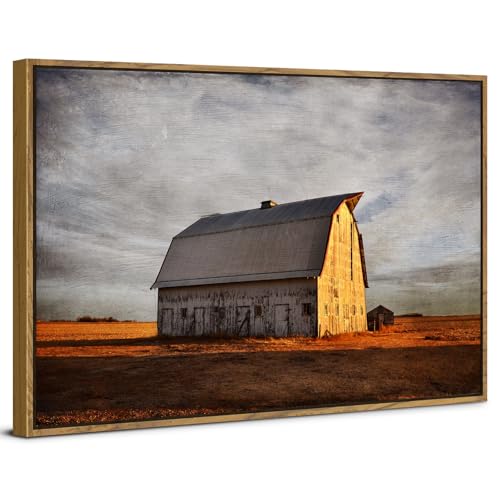 Image of Old Barn Canvas Wall Art Vintage Farmhouse Wall Decor Western Country Landscape Canvas Prints Sunset Farm Field Scenery Painting Neutral Rural Artwork for Living Room Bedroom Home Decorations 16x24 inch