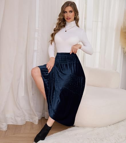 Women's Velvet Pleated Midi Skirt Elastic High Waist Fall Winter
