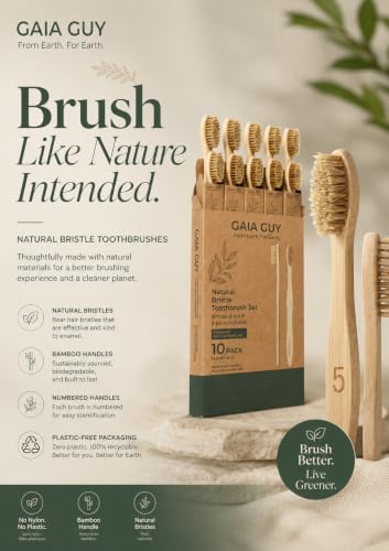 Gaia Guy Boar Bristle Bamboo Toothbrushes – 10 Pack Natural Bristle Toothbrush Set, Plastic-Free & Nylon-Free, Numbered Bamboo Handles, Medium Boar Hair Bristles for Adults & Families — view 5
