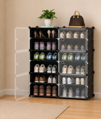Image of Plastic Shoe Rack for Home with Door | 12-Shelf DIY Shoe Cabinet Organiser | Stores 24 Pairs | Foldable & Waterproof Shoe Stand for Entryway, Bedroom