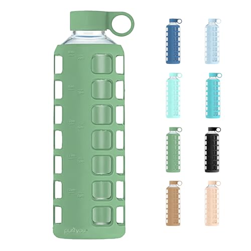 purifyou 40oz / 32oz / 22oz / 12oz Borosilicate Glass Water Bottle with Time & Volume Markers, Silicone Sleeve, Stainless Steel Lid | Reusable Glass Bottle for Water & Juice (40oz Shale Green)