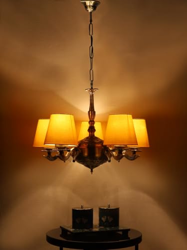 Image of Devansh 05 Lights Yellow conical Cotton Shade with Antique Golden Chandelier