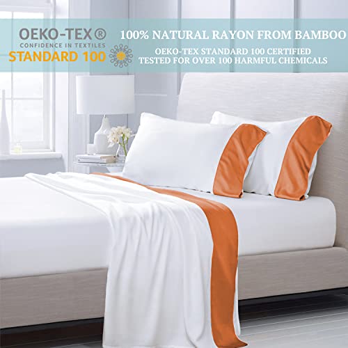 Mildly Cooling Sheets Set, 100% Rayon Made From Bamboo, 4-Piece Queen Luxury Silky Soft Hotel Bed Sheets, 16 Inch Deep Pockets, Breathable Bedding Sheet & Pillowcase Sets, White And Orange #TOP3
