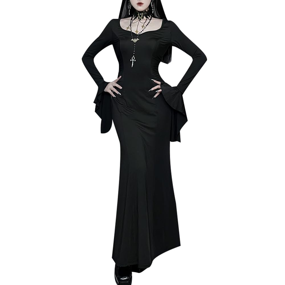 YUDATPG Gothic Dress for Women Bat Sleeve Tight Fishtail Dress Medieval Clothes Long Sleeve Evening Halloween Roleplay Costume (UK, Alpha, L, Regular, Regular, Black)