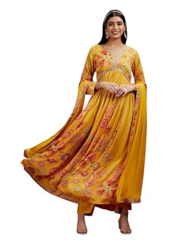 Image of KD Georgette Women's Anarkali Floral Printed Kurta Pant Set with Dupatta Kurta Kurti for Women