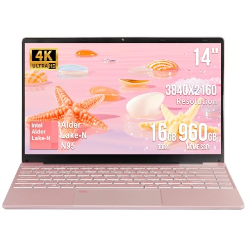 Image of BINTEC 14 inch 4K Laptop,3840x2160Pixels, Celeron N95 (up to 3.4GHz) Notebook PC,16GB DDR4 Ultrabook,180Open and Close,Backlit Keyboard, WiFi,USB,Bluetooth (Rose Gold /16G+960GB SSD)