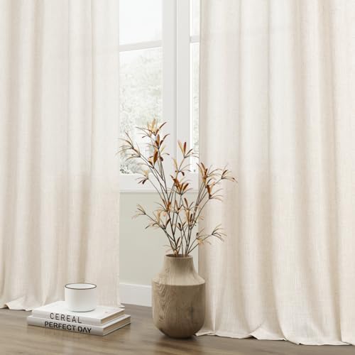 Boodii Cream Semi Sheer Textured Linen Curtains 84 Inches Length Long, 2 Panels Set For Bedroom Dining Living Room,Back Tab,Rod Pocket,Clip Rings Light Filtering Window Drapes,W52 X L84,Natural thumb #1