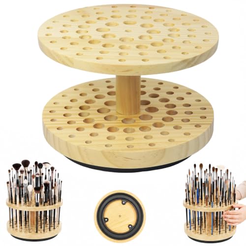 Image of 72 Hole 360 Rotating Hardwood Paint Brush Holder Organizer