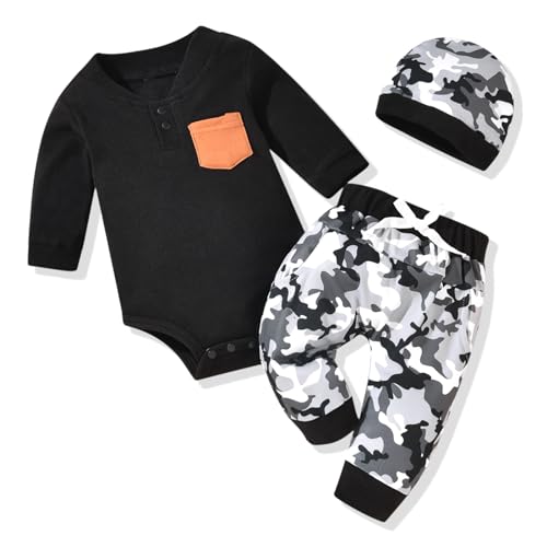 Image of HINTINA Newborn Baby Boy Long Sleeve Fall Winter Outfits With Hat