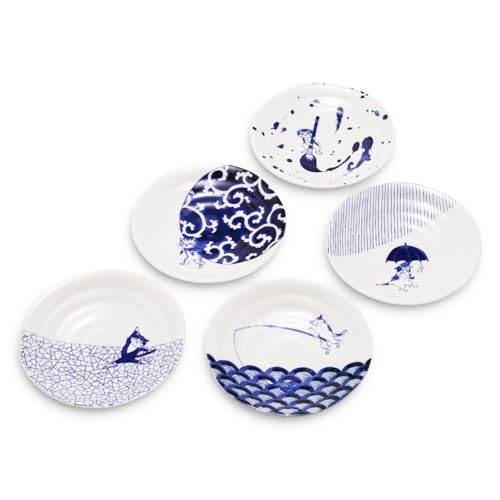 Mino Ware Japanese Porcelain Small Plate Set, 5 Cat Motif Designs, 6.3 in Appetizer and Side Dish Plates, Made in Japan