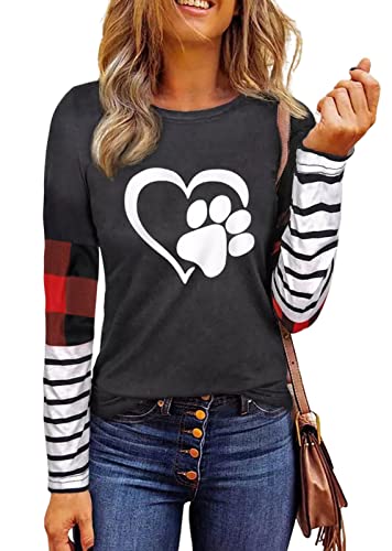 FLOYU Women Dog Mom Long Sleeve Shirt Cute Dog Paw Graphic Splicing Tee Dog Lover Tops Casual Crewneck Dog Mama Shirts Dark Grey