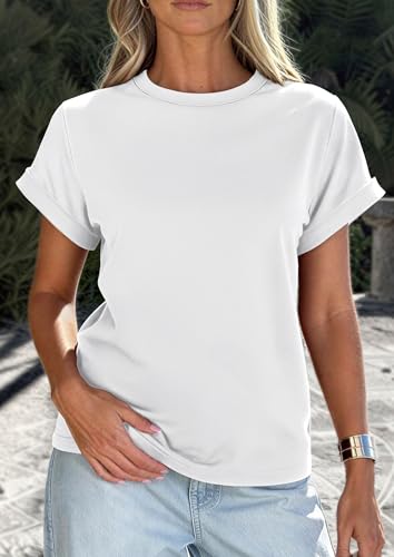 Image of PRETTYGARDEN Womens Summer Tops Short Sleeve Shirts | Lightweight Stretchy Knit,Rolled Sleeves,Crewneck Basic Tees,Loose Fit Daily T Shirt,Casual Work Travel Vacation Outfits