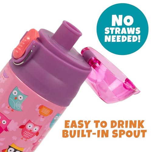 Image of Bentology Stainless Steel 13 Oz Reusable Water Bottle for Kids, Owl | Double Wall Insulated, Spill Proof Lid W /Built-in Straw- Keep Liquids Hot or Cold- Easily Fits in Lunch Boxes & Bags