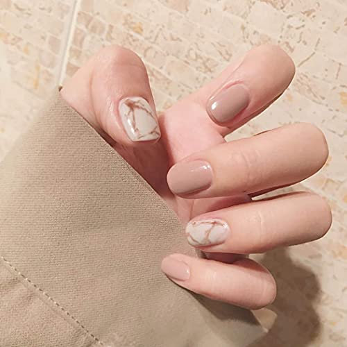Geroki Square Marble Press on Nails Brown Short Fake Nails Glossy Full Cover Acrylic False Nails Accessories Artificial Stick on Nails for Women and Girls 24Pcs