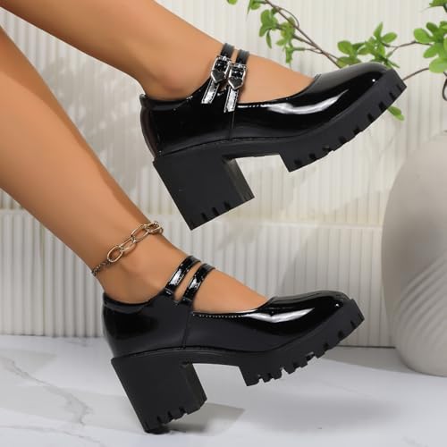 Image of Women's Platform Mary Janes Heart Cat Buckle Rivets Ankle Lolita Gothic Princess Platform Pumps Patent Leather Thorn Vintage Traditional Embroidery Upper Dress Shoes