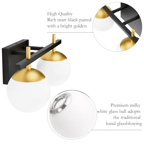 Image of Ralbay 2-Light Black and Gold Bathroom Vanity Light Mid Century Modern Milky Glass Ball Wall Light for Bathroom 2 Light Black /Golden