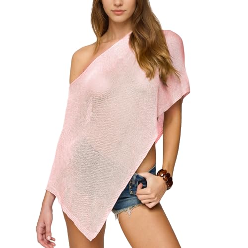 Sheer Poncho for Women Trendy Off Shoulder Asymmetric Knit Cover Up Vacation Shawl Shrug Lightweight Sweater Top