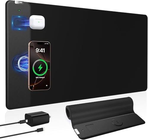 Image of Magnetic Wireless Charging Mouse Pad, 31.5 inchx15.8 inch, with 20W Adapter, Black | Large Gaming Desk Mat for Keyboard /Laptop, Non-Slip Base, Waterproof Ultra-Smooth Surface Mousepad for Gamer, Office & Home