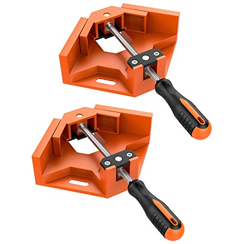 Housolution Right Angle Clamp, [2 Pack] Single Handle 90°Aluminum Alloy Corner Clamp, Right Angle Clip Clamp Tool Woodworking Photo Frame Vise Holder with Adjustable Swing Jaw - Orange