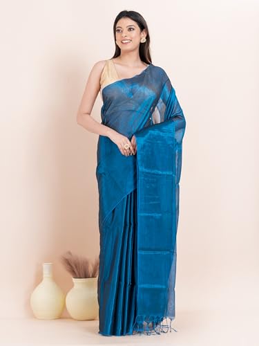 Image of Women's Tissue Cotton Saree | Plain Lightweight Tassel Pallu Saree with Blouse