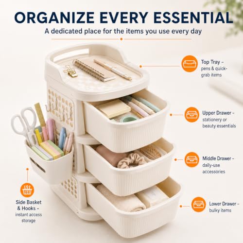 Image of Homeor 3 Tier Plastic Storage Drawer Cabinet with Wheels | Modular Chest of Drawers Organizer with Side Basket & Handle | Storage Trolley Rack for Home, Kitchen, Bedroom, Office, Kids Room (Ivory)