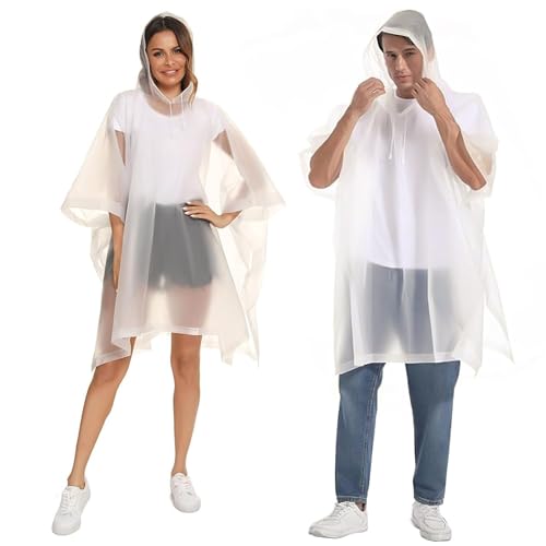 Image of Pivalo Unisex EVA Standard Length Poncho Raincoat Transparent Hooded Waterproof Rain Jacket with Sleeves Camping Rainy Season Travel - White, Free Size