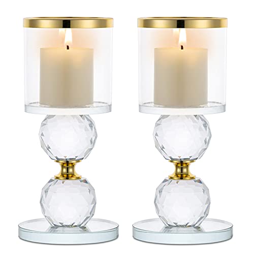 Sziqiqi Portavelas de Columna de Cristal, 2 Piezas de Candelabros de Vidrio Transparente, Velas para Candelabros Centro de Mesa para Regalos de Boda y Decoración Navideña, Oro