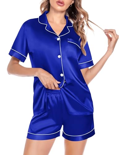 Image of SWOMOG Satin Matching Pajamas Sets Couple Silk Button Down Nightwear Women & Men Short Sleeve Sleepwear 2 Pieces Loungewear Blue