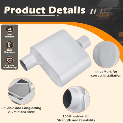 Image of A-KARCK Universal Exhaust Muffler 2.25 inch Offset Inlet 2.25 inch Dual Outlet, 13 inch Overall Length Aluminized Steel Aggressive Sound Race Muffler for Cars, Trucks