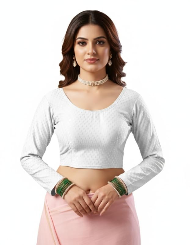 Readymade Round Neck Full Sleeve Printed Cotton Blend Blouse for Women White-picture-10