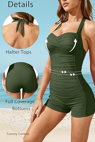 Image of Tempt Me Women Tummy Control One Piece Swimsuits with Shorts | Ruched, Retro bathing Suit, Boyleg, Halter, Vintage, Built-in padded cups
