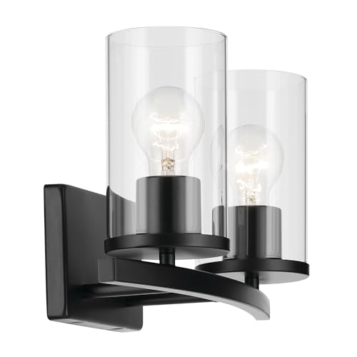 Image of Kichler Crosby 15.25 inch 2-Light Bathroom Vanity Light Fixture with Clear Glass in Black for Powder Room, Modern Wall Mount Over Mirror (15.25 inch x 8.75 inch), 45496BKCLR