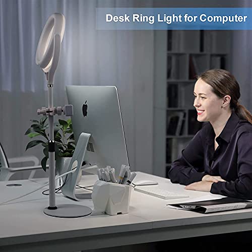 Ringlicht mit Stativ Handy Laptop,Evershop 8" LED Selfie Ringleuchte Ringlampe Tisch Videokonferenz Leuchte Lichtring Schreibtisch mit Handystativhalter für Webcam Kamera Schminken Zoom Meeting Video – Bild 4