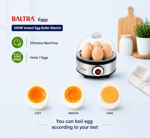 Image of BALTRA Egg Boiler Electric 350 Watt with Automatic Shut Down & Boil Dry Protection | 7 Egg Capacity, Removable Egg Tray, Stainless Steel Body & Heating Plate, Easy to Use