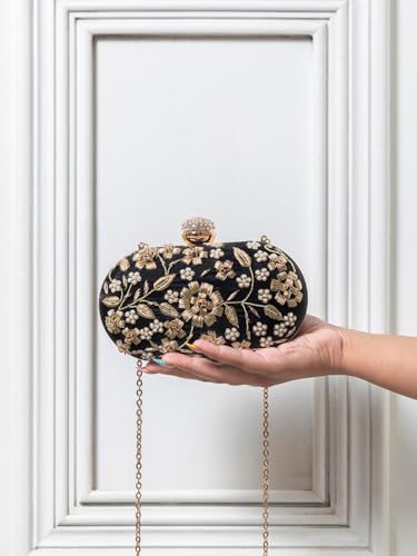 Image of THE TAN CLAN Hand Embroidered Luxury Clutch Purse for Women | Evening Hand Clutch Bag | Ladies Party Wedding Purse with Chain Strap | Ethnic Woman Handbag Gift for Birthday, Anniversary