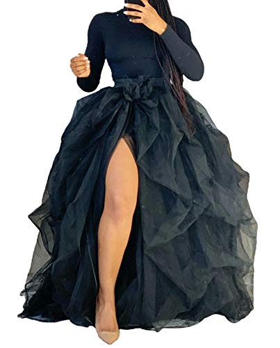 Women's High Waist Tulle Tutu Long Skirt A-Line Puff Mesh Skirt Solid Color Layer Skirt Wedding Party Princess Skirt (Black, One Size)