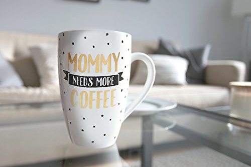 Pearhead Mommy Needs More Coffee Mug, For New And Expecting Moms, Mother's Day Gift, Polka Dot, Gold And Black, 22oz