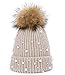 Winter Knitted Beanie Hat Faux Fur Ball Pearls Beaded Faux Pom Poms Hat Womens Warm Cap Khaki