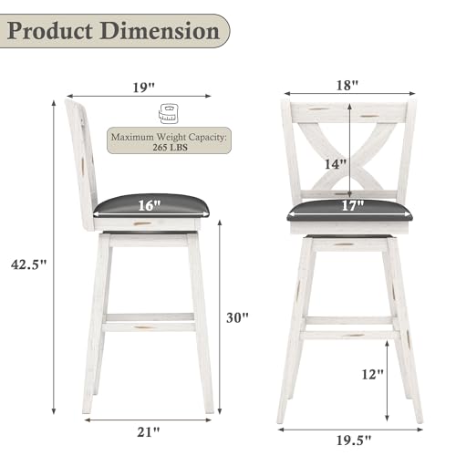Image of Swivel Bar Stools Set of 2, Farmhouse 30 inch Counter Height Barstools with X Carved Backs, Wooden Bar Chair with Solid Wood Legs & Footrest for Kitchen Island, Home Bar, Pub. Antique White