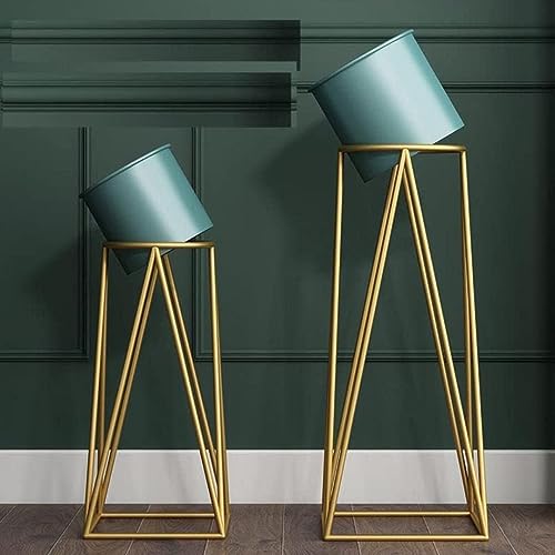 Image of Brass Industry Iron Metal Indoor Out Door Bedroom Home Office Planter Pot Tall Stand with Planter for Living Room, Balcony Flower Pot Stand Set of 2 (Greenish Blue)
