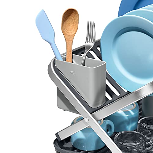 OXO Good Grips Aluminum Fold Flat Dish Drying Rack, 2-Tier, with Drainboard, for Kitchen Counter, Collapsible by OXO - Image 9