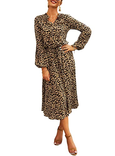 Kirundo Women's 2023 Fall Winter Long Sleeve Leopard Print Midi Dress Button Flowy A-Line High Waist Dresses With Beltkhaki, X-Large #TOP9