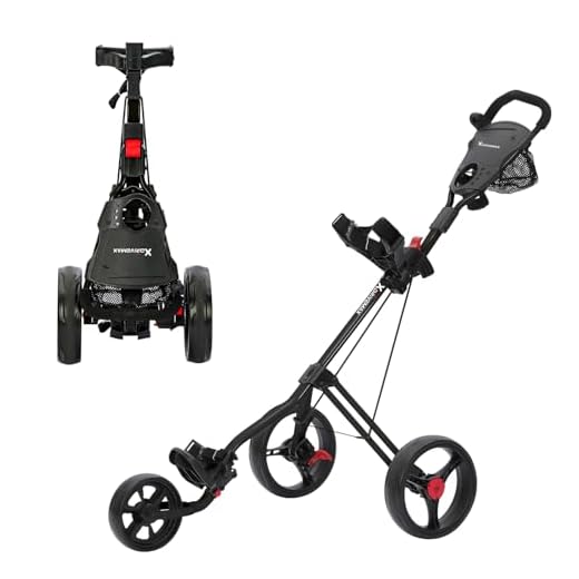 XDriveMax GC27 3 Wheel Golf Push Cart, Golf Trolley Folding Lightweight Golf Bag Pull Cart Caddy Cart for Golf Clubs and Golf Bag with Cup Holder Scorecard Holder/Storage Compartment (Black)